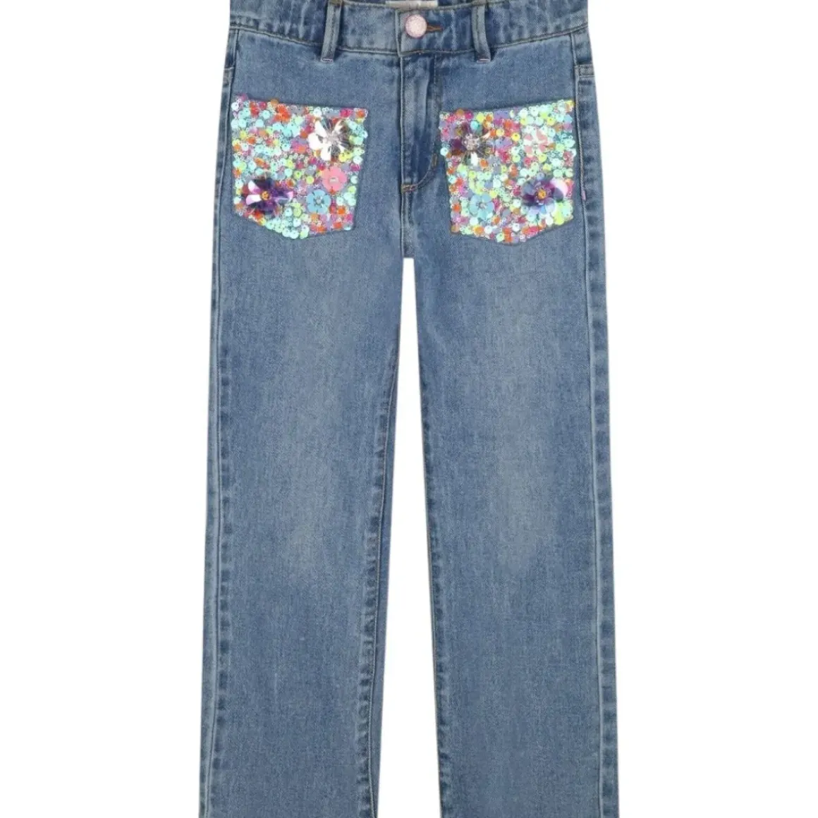 SEQUIN FLOWER POCKET DENIM PANTS