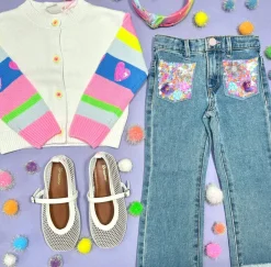 SEQUIN FLOWER POCKET DENIM PANTS
