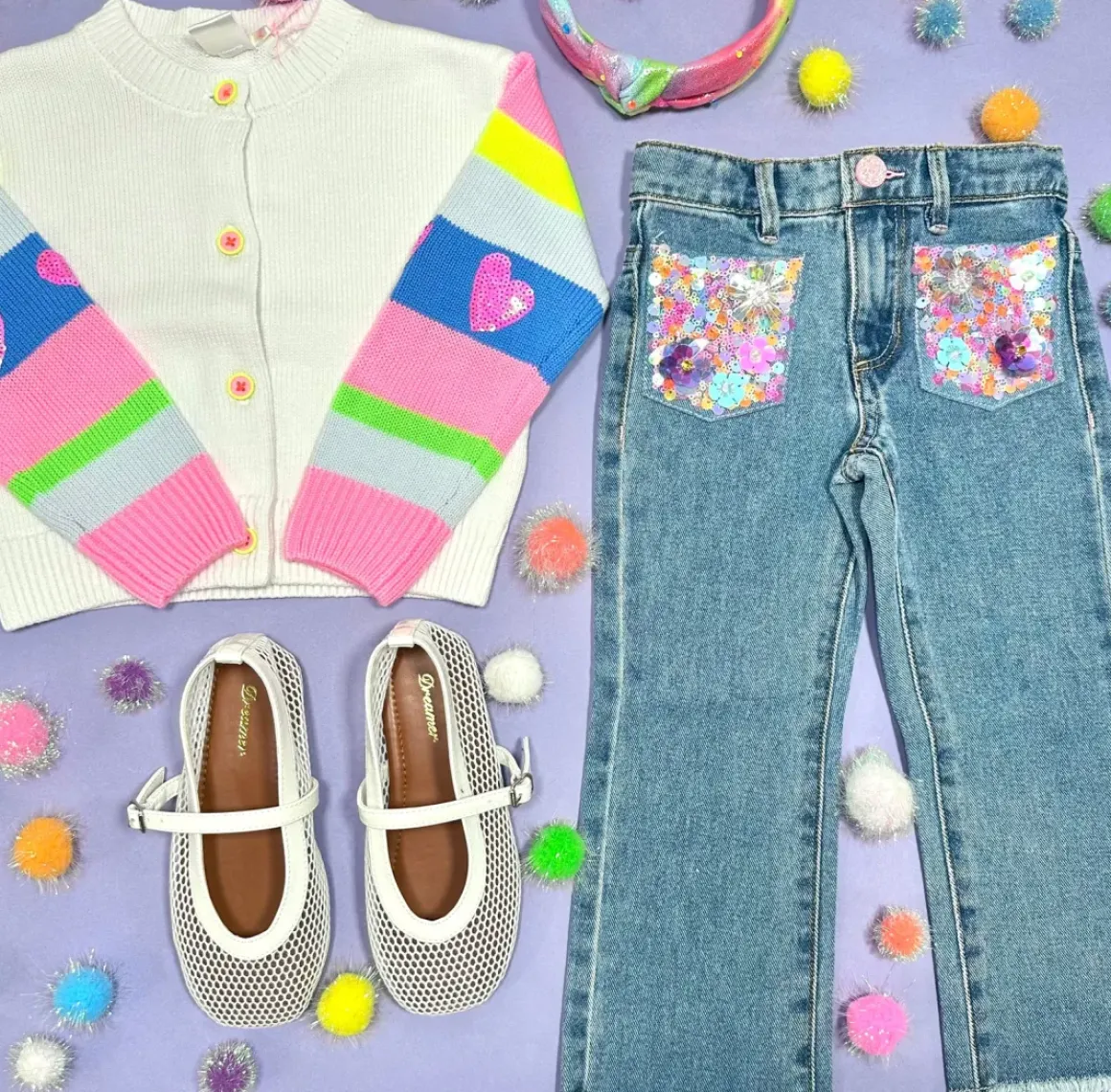SEQUIN FLOWER POCKET DENIM PANTS