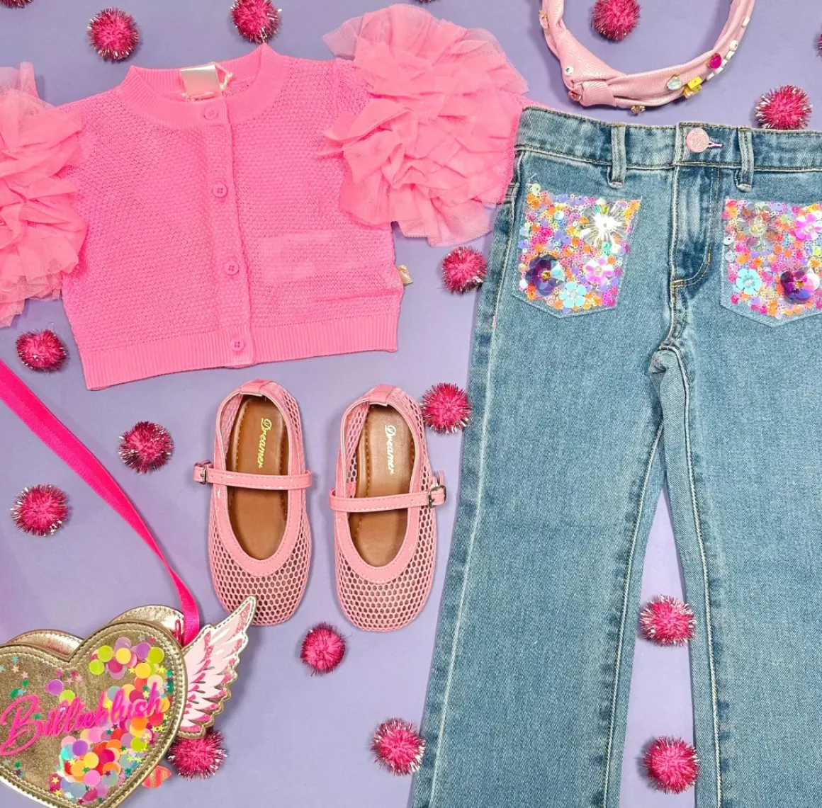 SEQUIN FLOWER POCKET DENIM PANTS