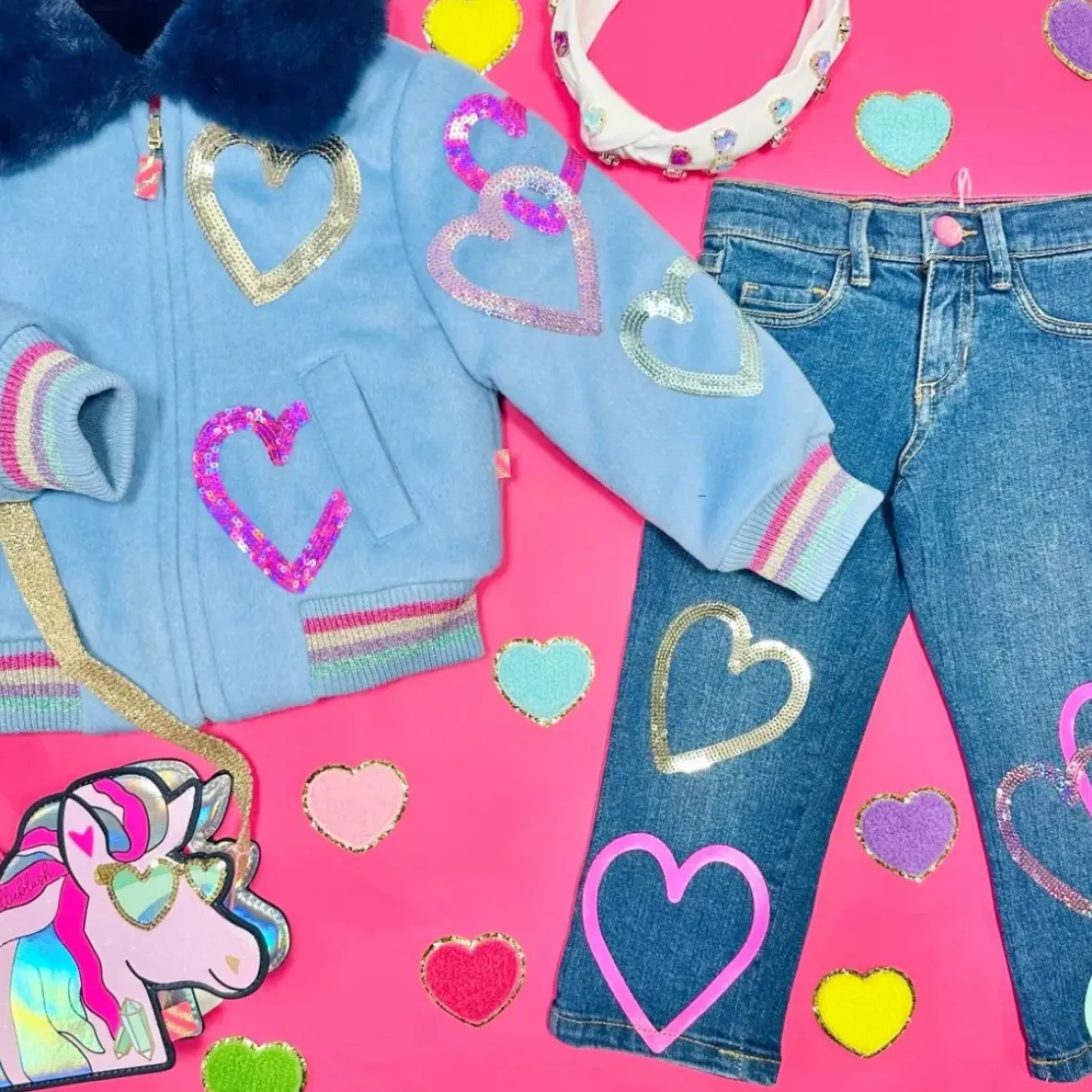 SEQUIN HEARTS FAUX FUR COLLAR JACKET