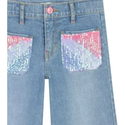 SEQUIN POCKET WIDE LEG DENIM PANTS