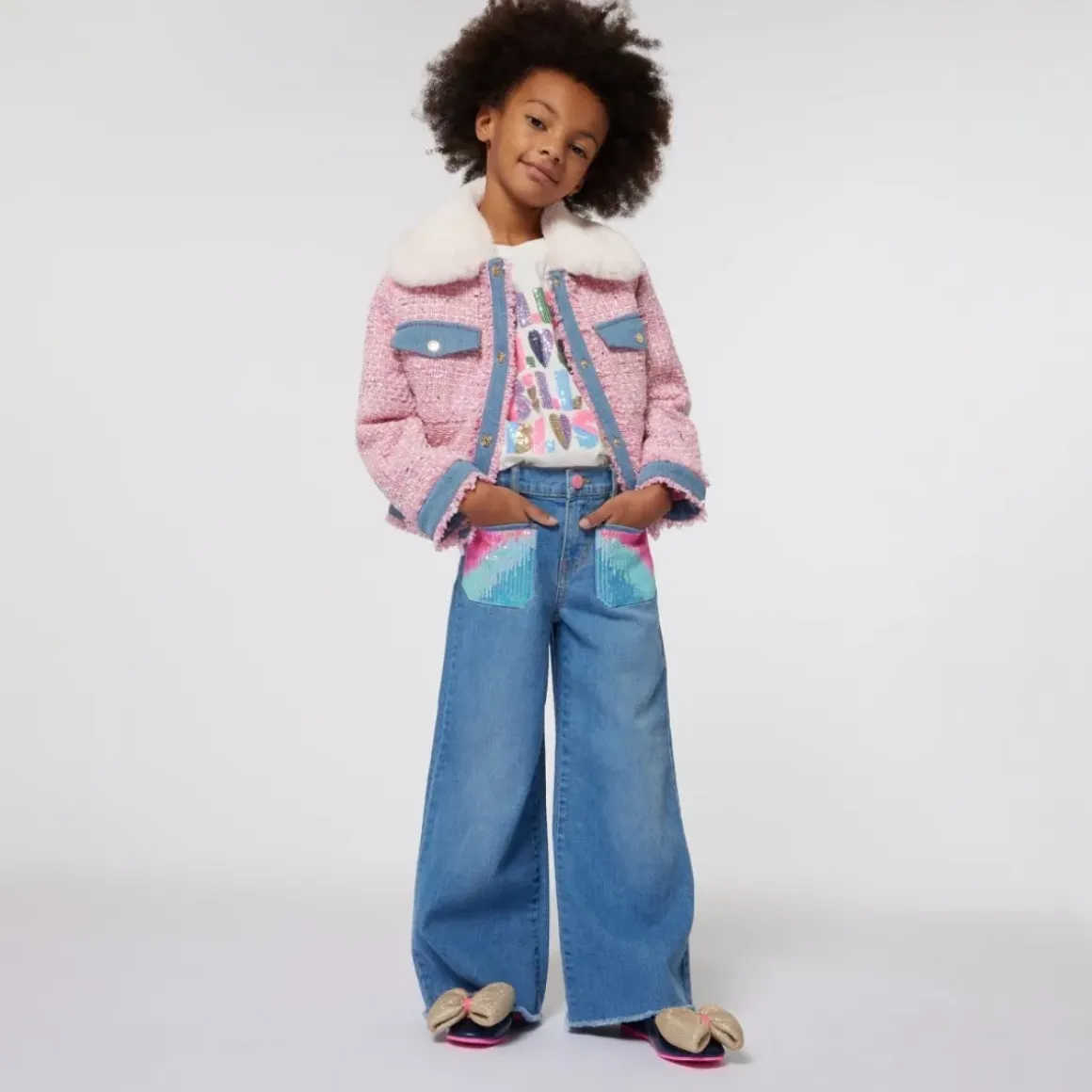 SEQUIN POCKET WIDE LEG DENIM PANTS