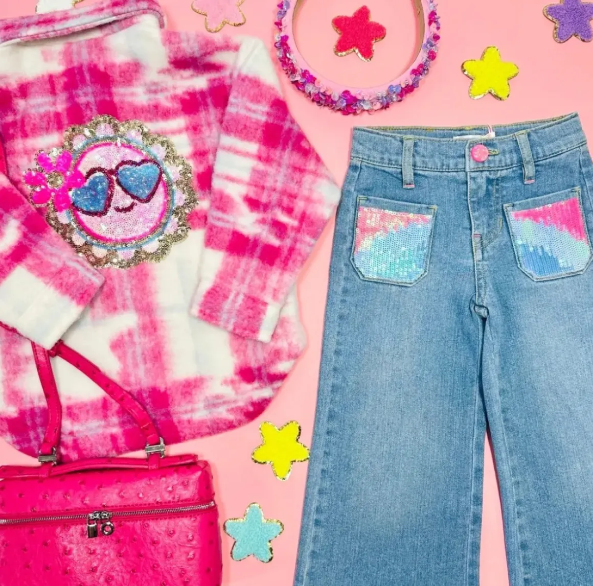SEQUIN POCKET WIDE LEG DENIM PANTS