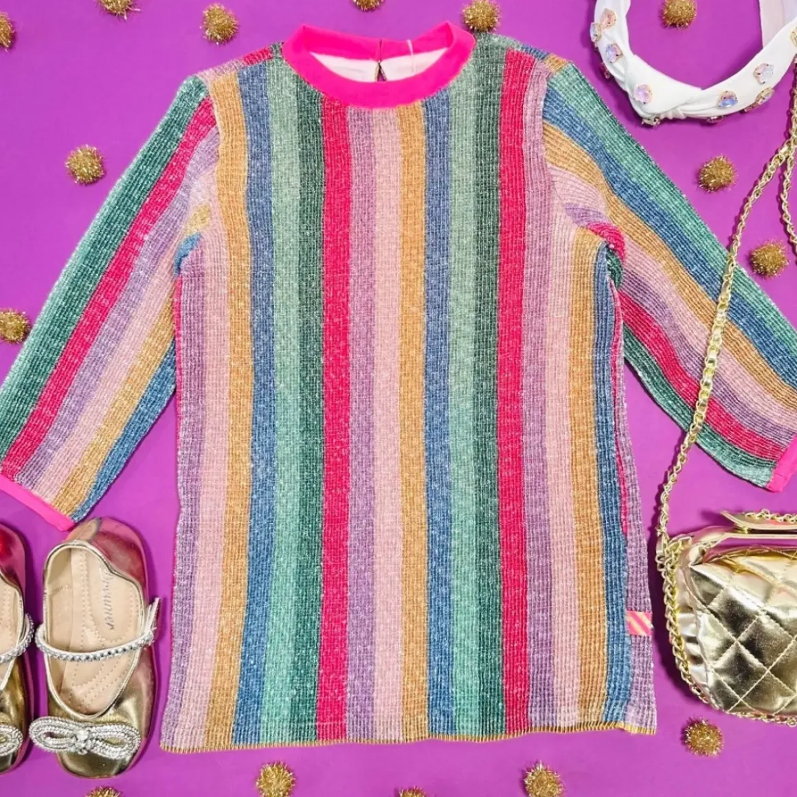 SEQUIN RAINBOW PLEATED DRESS