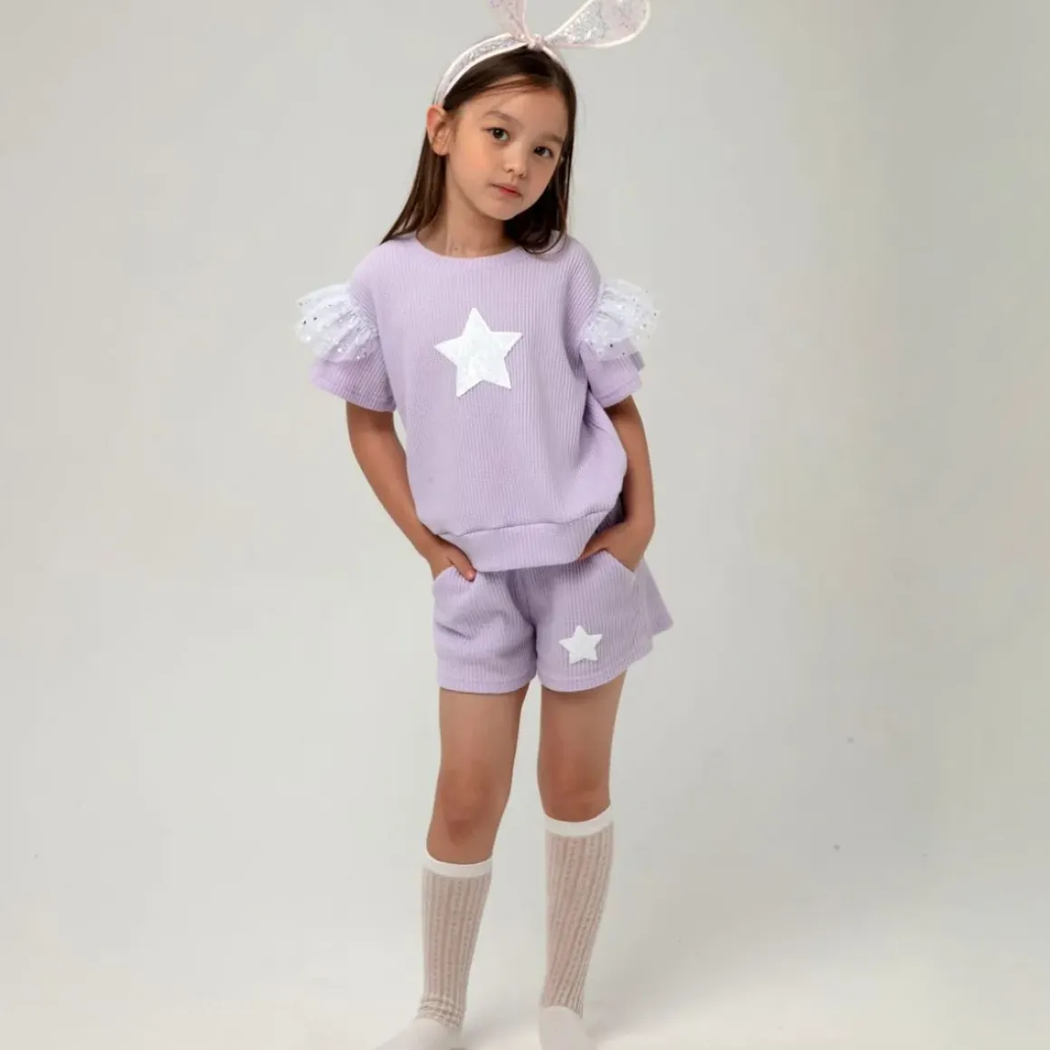 SEQUIN STAR RUFFLE SLEEVE TSHIRT AND SHORTS SET