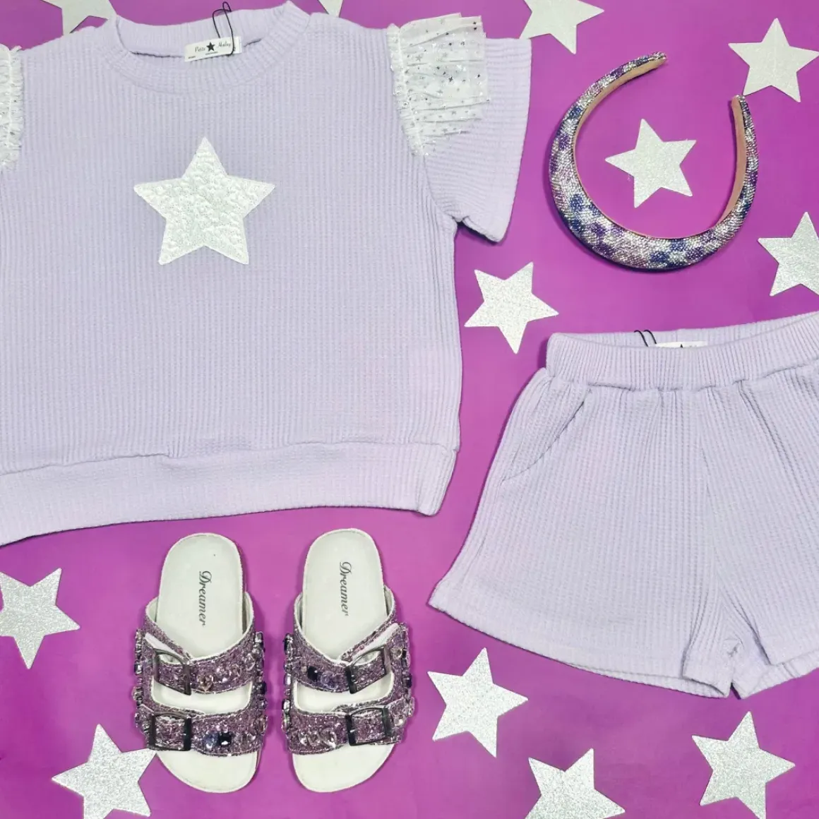 SEQUIN STAR RUFFLE SLEEVE TSHIRT AND SHORTS SET