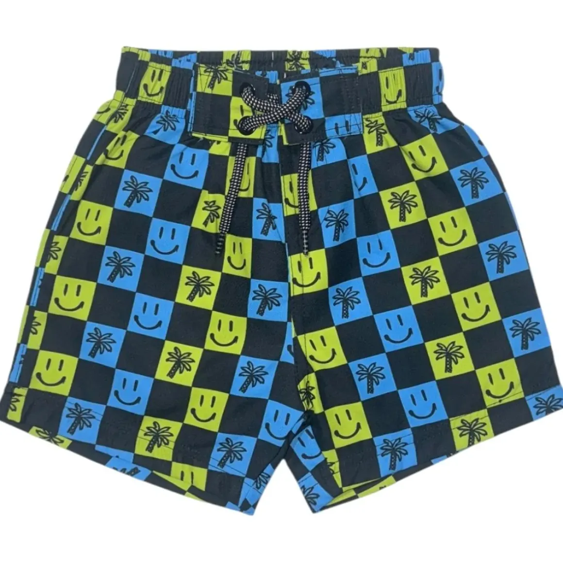SMILEY FACE & PALM TREES CHECKERED SWIM TRUNKS