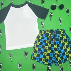 SMILEY FACE & PALM TREES CHECKERED SWIM TRUNKS