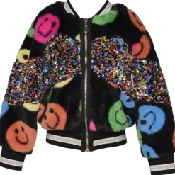 SMILEY FACE AND SEQUIN FRINGE FAUX FUR BOMBER JACKET