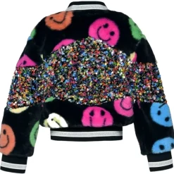 SMILEY FACE AND SEQUIN FRINGE FAUX FUR BOMBER JACKET