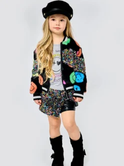 SMILEY FACE AND SEQUIN FRINGE FAUX FUR BOMBER JACKET