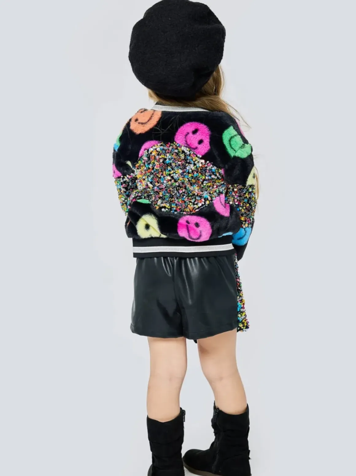 SMILEY FACE AND SEQUIN FRINGE FAUX FUR BOMBER JACKET