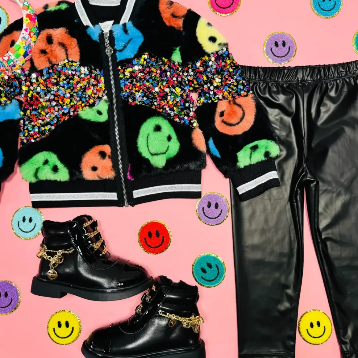 SMILEY FACE AND SEQUIN FRINGE FAUX FUR BOMBER JACKET