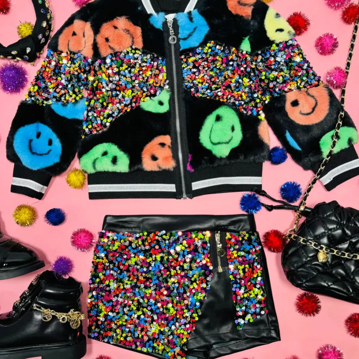 SMILEY FACE AND SEQUIN FRINGE FAUX FUR BOMBER JACKET