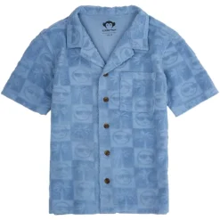 SMILEY FACE CHECKERED TERRY RESORT BUTTON DOWN TOP