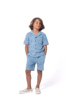 SMILEY FACE CHECKERED TERRY RESORT BUTTON DOWN TOP