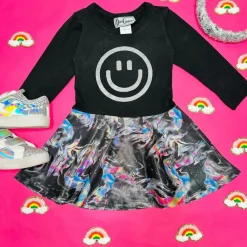 SMILEY FACE HOLOGRAPHIC MARBLE RUFFLE LONG SLEEVE DRESS