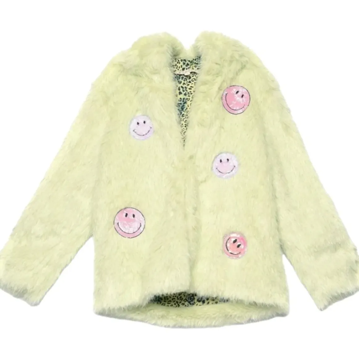 SMILEY FACE HOODED FAUX FUR COAT