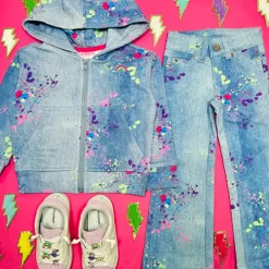 SPLATTER DENIM ZIP UP HOODIE