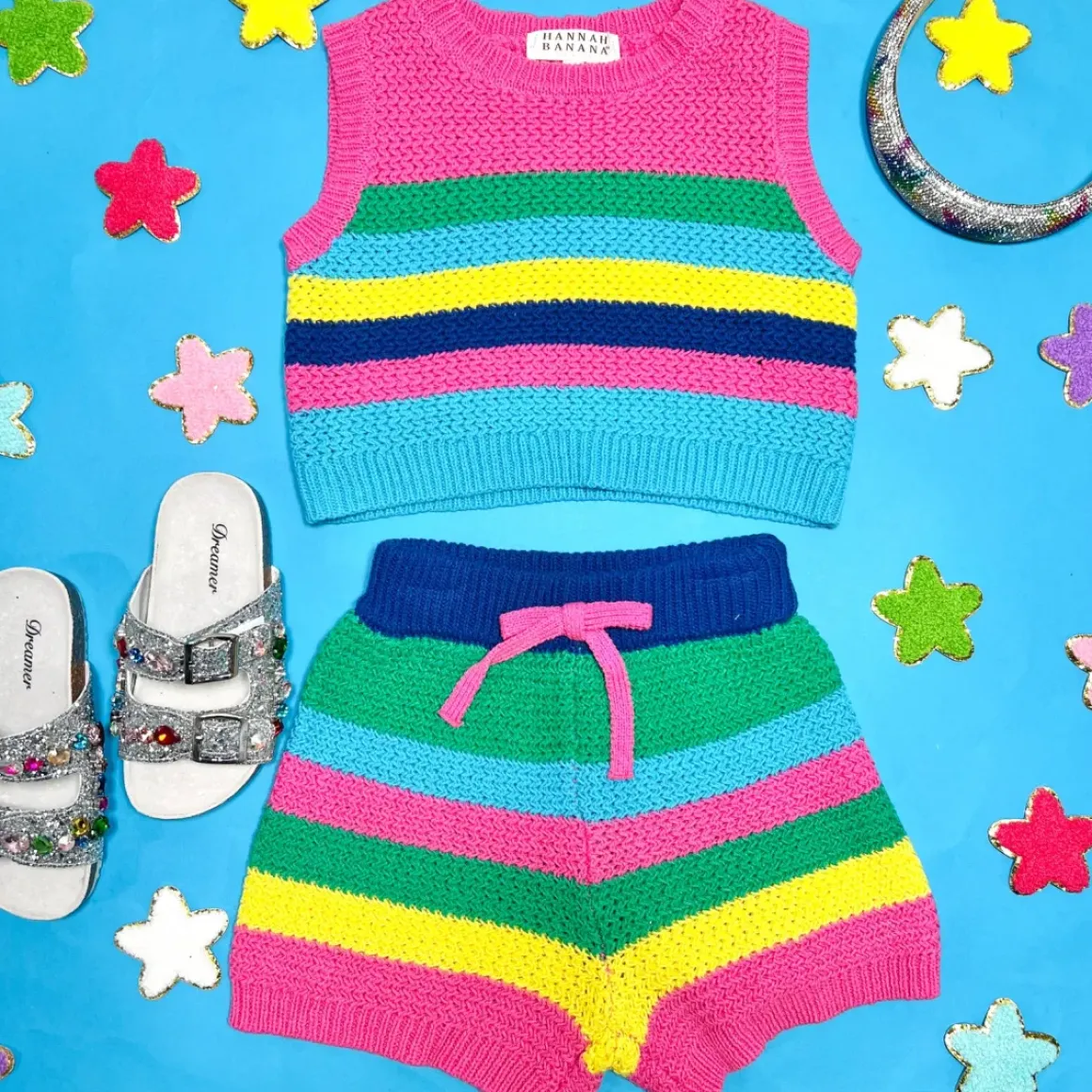 STRIPED CROCHET TANK AND SHORTS SET